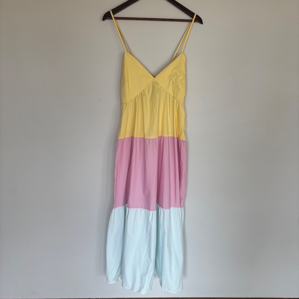 JustFab Womens Yellow Pink Mint Colorblock Tiered Midi Dress DY2251722 Size M